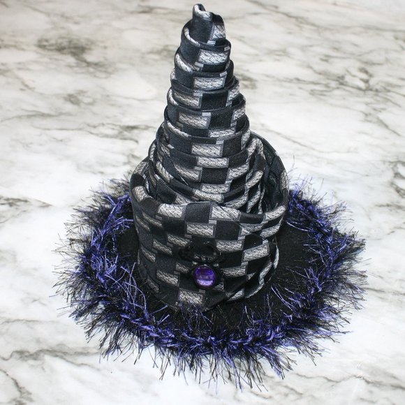 HAND CRAFTED Headband Witch Hat Upcycled Necktie Black Grey Whimsigoth Neck Tie - Picture 2 of 11